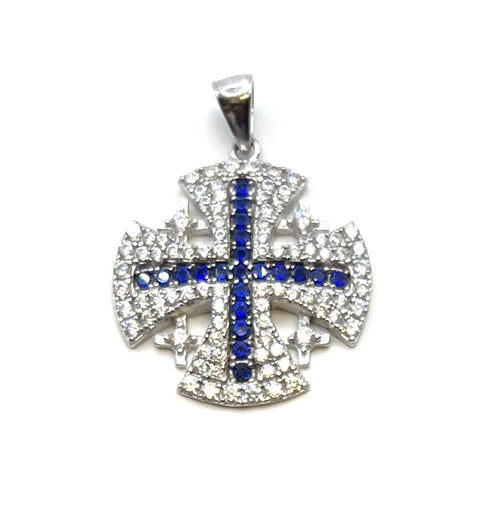 Sterling Silver Colored Pave Stone Jerusalem Cross Pendant